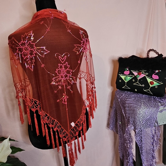 A distinctive Floral Sheer Shawl Showcases Red Beadwork Embroidery. - Picture 6 of 10